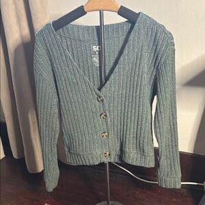 Green Ribbed Button-Up Sweater